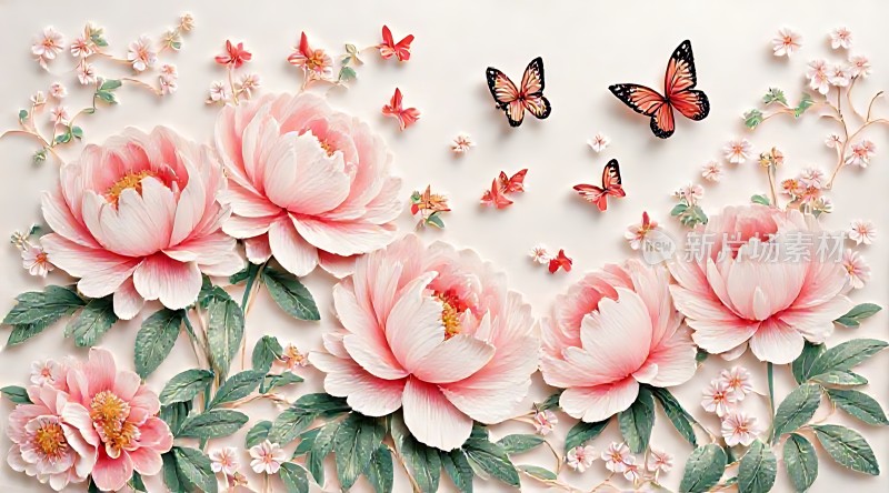 粉红牡丹翩翩蝶影