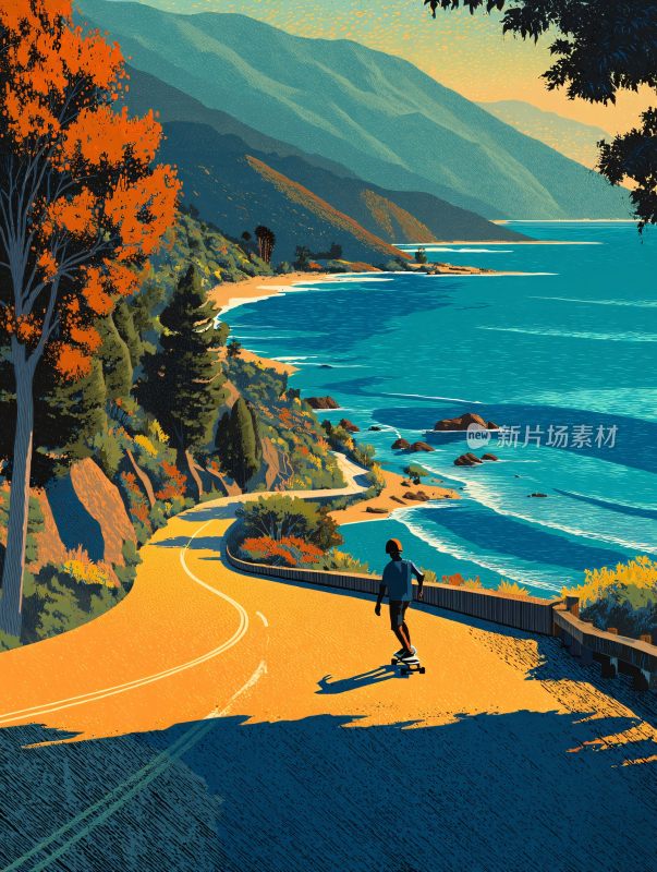 公路上滑板者的海岸风景