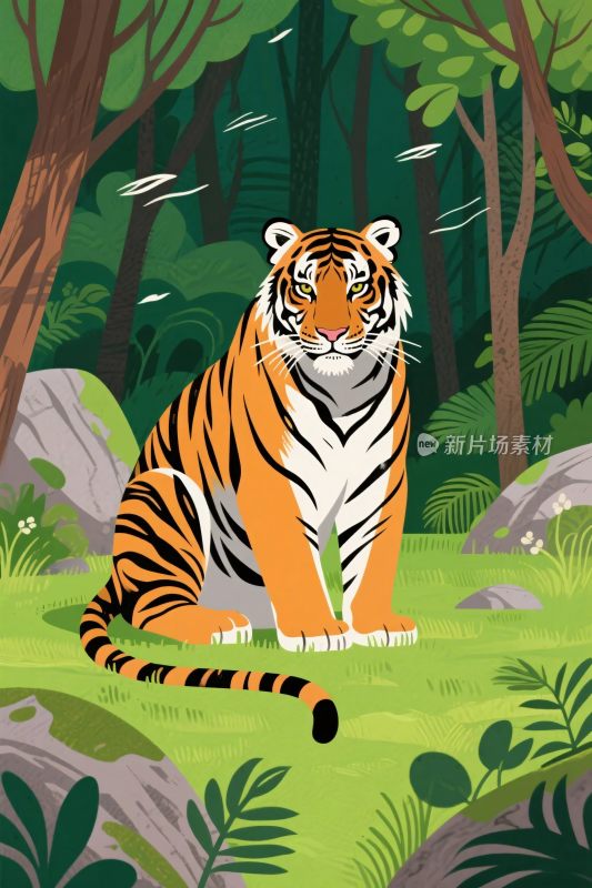 森林中的老虎插画
