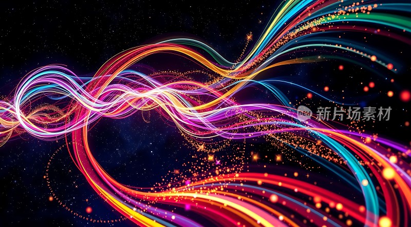 五彩斑斓的光彩线条在黑暗背景中交织