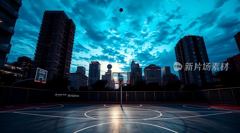 城市篮球场上的日落黄昏