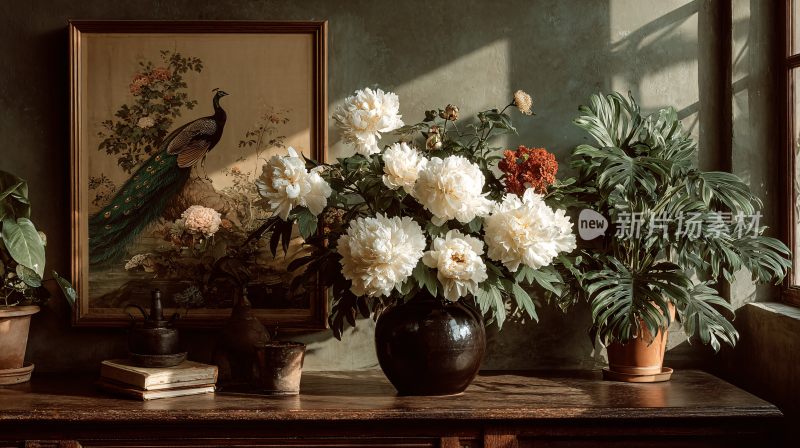 室内花瓶插花与装饰画场景