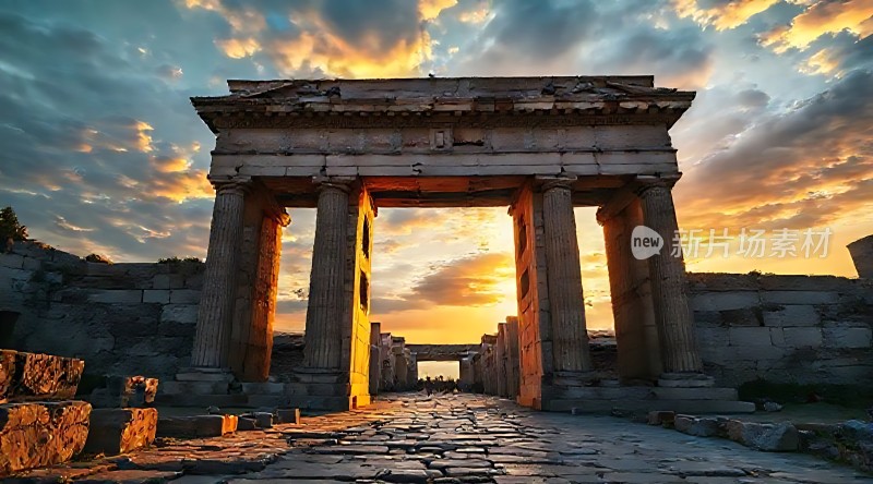 日落下的古老遗迹