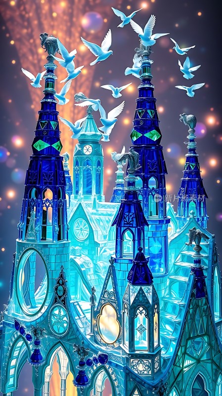 蓝色梦幻教堂鸽子飞翔