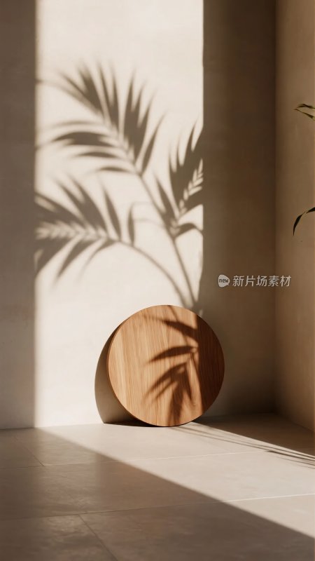 光影下的木质圆物与植物影子