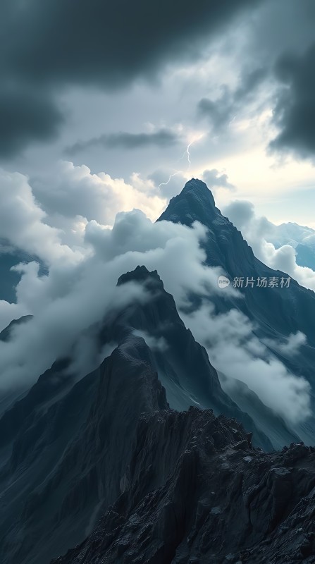 云雾缭绕的山峰一道闪电划破长空