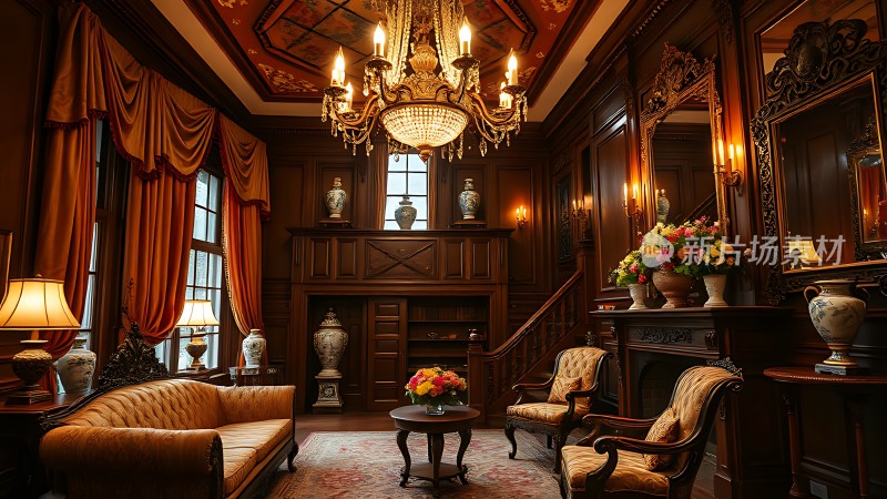 豪华客厅古典家具精美吊灯温馨氛围