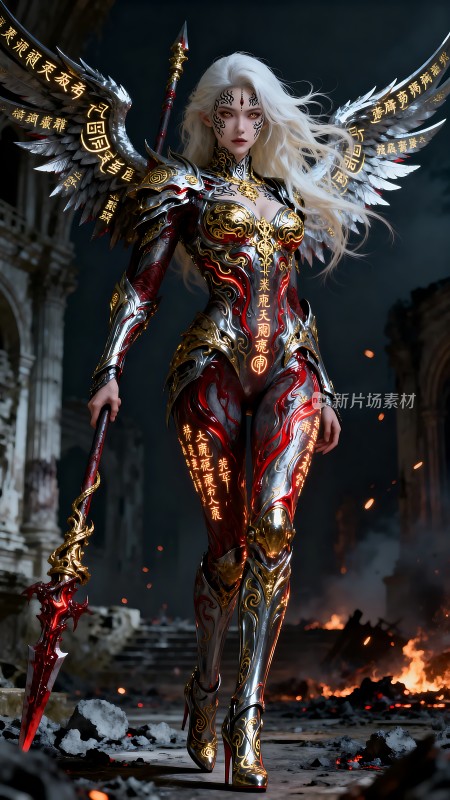 战火中的女神银翼红甲手持长矛