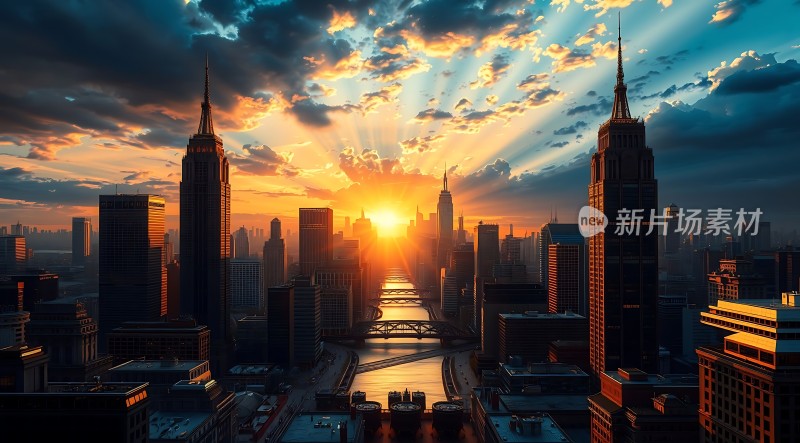 城市日出阳光洒满高楼林立的城市景观