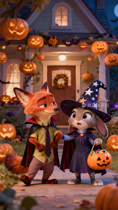 万圣节之夜狐狸与兔子共度欢乐时光