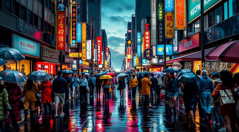 霓虹灯下雨夜繁华都市街头