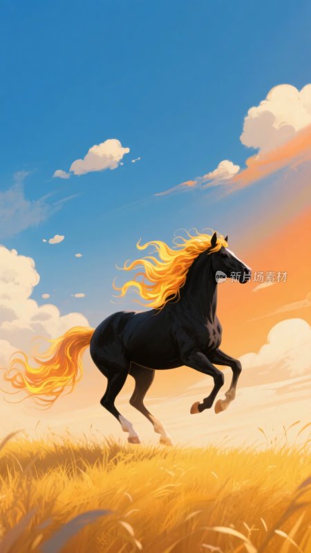 奔跑的黑骏马在金色田野上