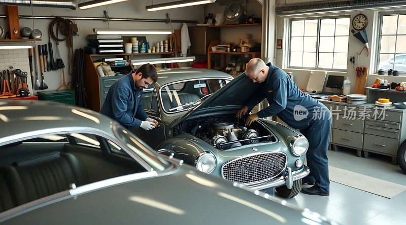 修车工人在车间里精心修理经典汽车