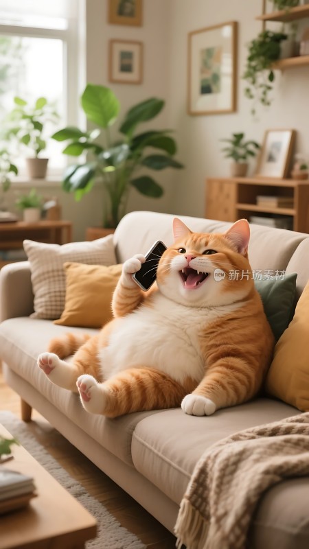 橘猫沙发手机打电话