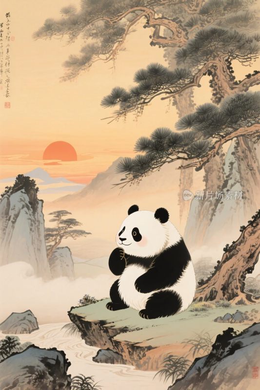 熊猫山水国风水墨画