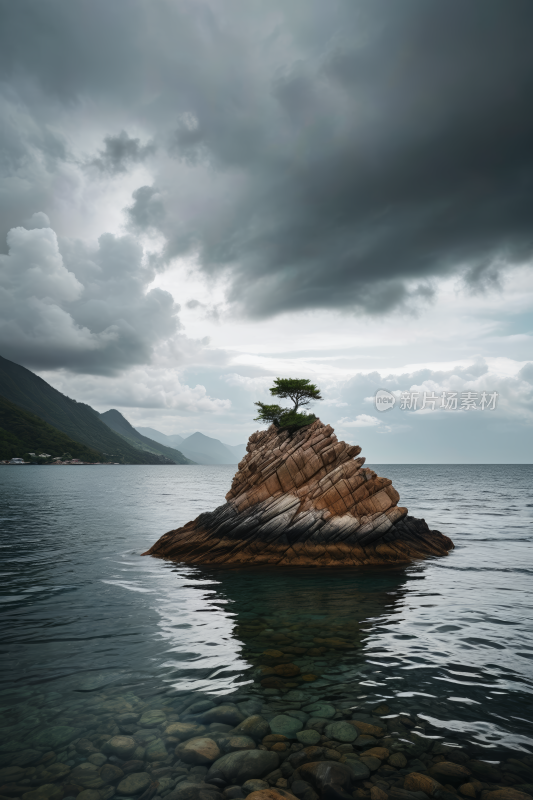 水中央的岩石上一棵孤树高清风景图片