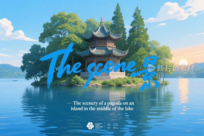 湖心古建风景插画