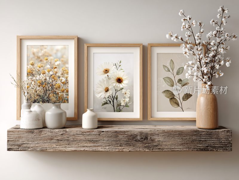 木架上的装饰画与花瓶摆件