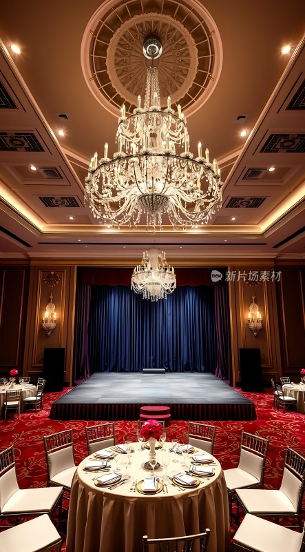 豪华宴会厅璀璨吊灯与红毯盛宴