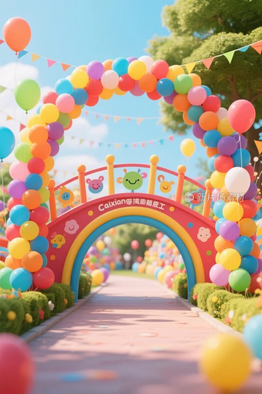 彩色气球拱门小桥场景