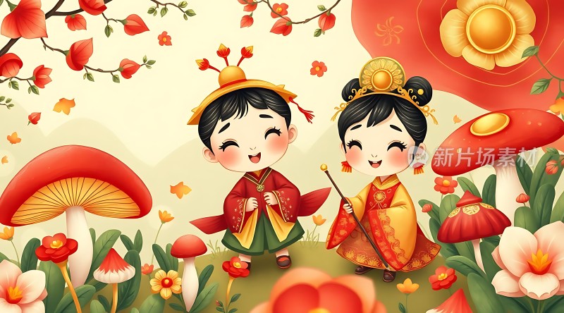 春日花丛中欢快的孩童