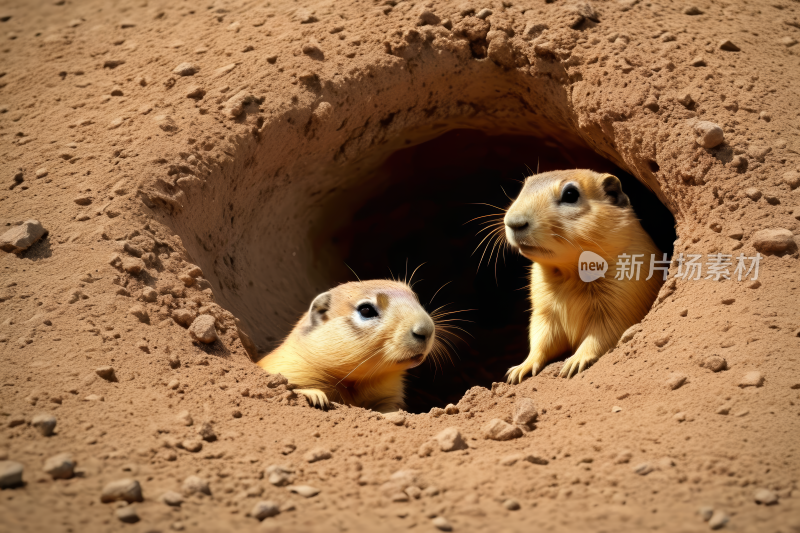 有两只小动物正在从洞里看高清图片