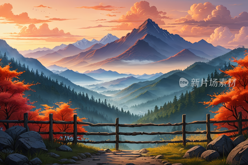 有栅栏山景高清风景插画图片