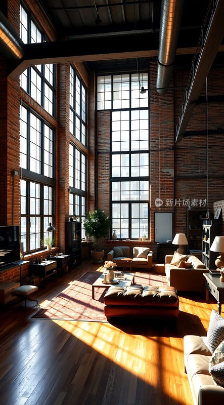 阳光洒落工业风大宅砖墙木地板沙发电视映衬现代生活