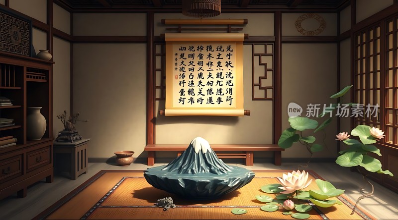 古风室内山水盆景荷花书法