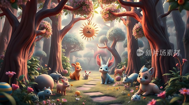 阳光森林里的可爱动物们