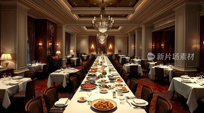 豪华宴会厅长桌盛宴精美餐具优雅环境