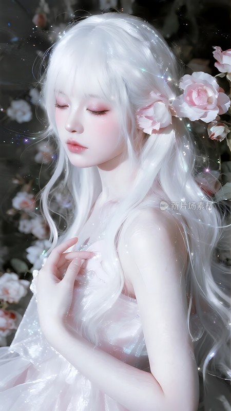 白色长发女孩与粉色花朵