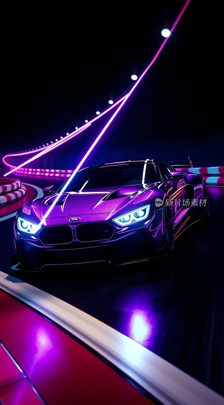 紫色赛车疾驰在霓虹灯光下的赛道上