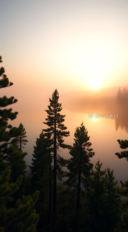 晨曦中的松林与湖面