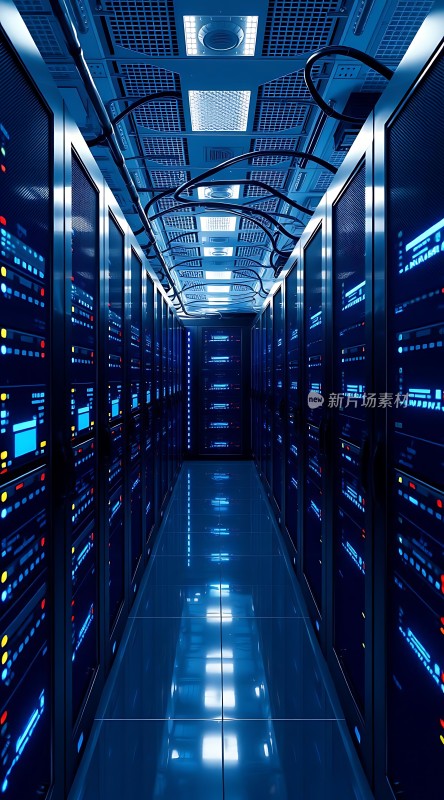 数据中心内部蓝色灯光下的服务器机架排列整齐