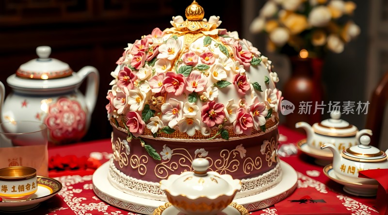 茶具与精美蛋糕的组合展示