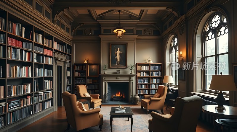古色古香书房书架、壁炉和沙发椅营造温馨氛围