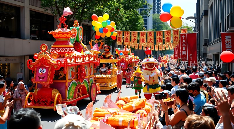 欢乐游行卡通彩车与观众互动