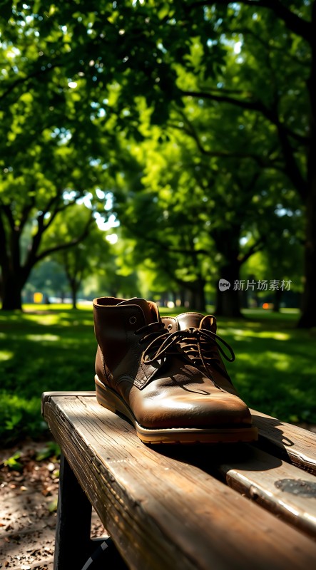 阳光下的棕色皮鞋与绿树成荫的公园长椅