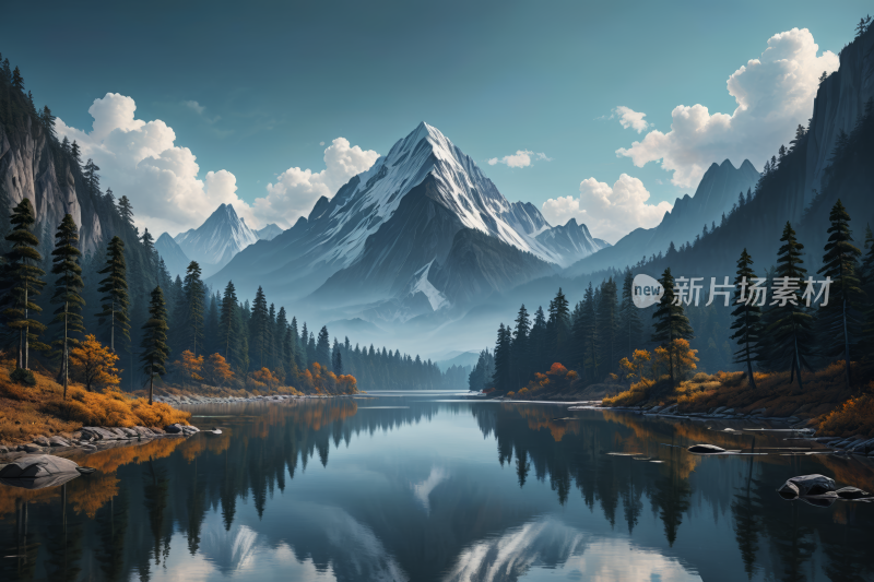 山林倒影在山区的湖泊中高清风景插画图片