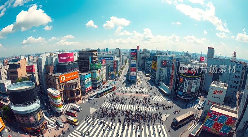 繁华都市十字路口人群熙攘车水马龙高楼林立广告牌琳琅满目