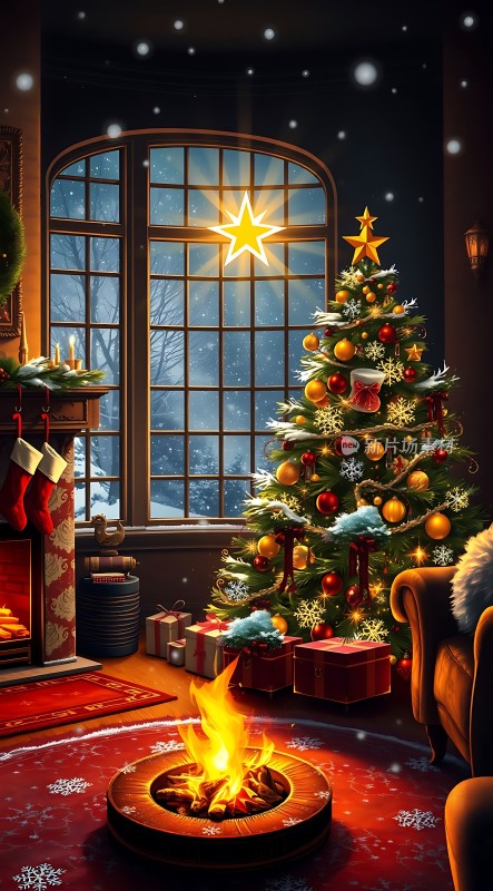 温馨圣诞夜火炉旁的欢乐时光
