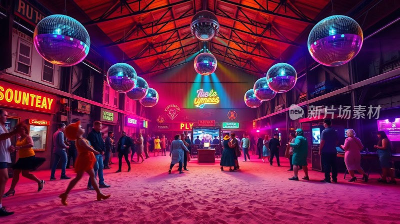 霓虹灯下的派对现场人们欢快地跳舞背景中有多个发光的迪斯科球和店铺招牌