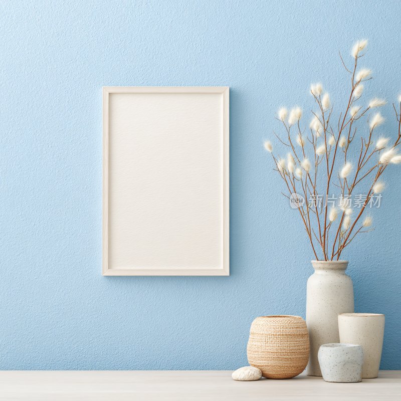 蓝墙旁的相框与花瓶摆件
