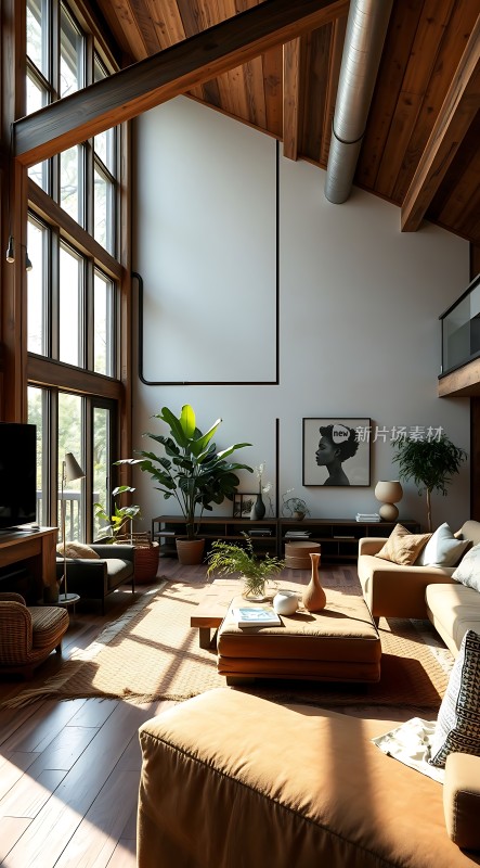 阳光洒满现代客厅木质天花板与沙发相得益彰绿植点缀其中简约而温馨