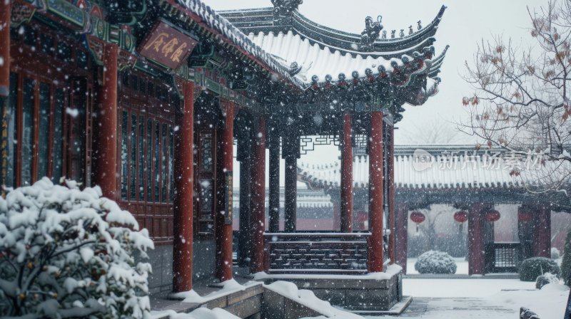 冬天中国塔楼亭台楼阁下雪古风雪景