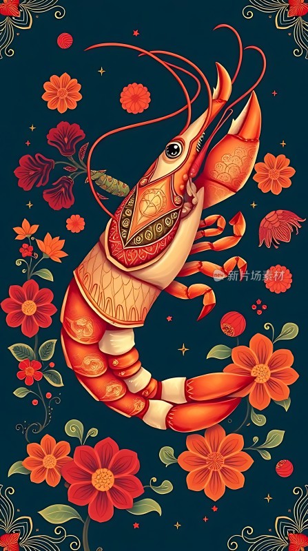红色龙虾与花朵的华丽组合