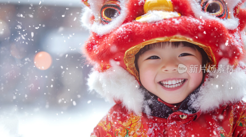 中国新年春节元宵节儿童带舞狮帽开心的笑