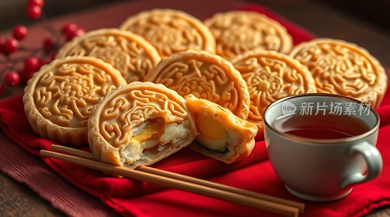 月饼茶香四溢蛋黄流心诱人