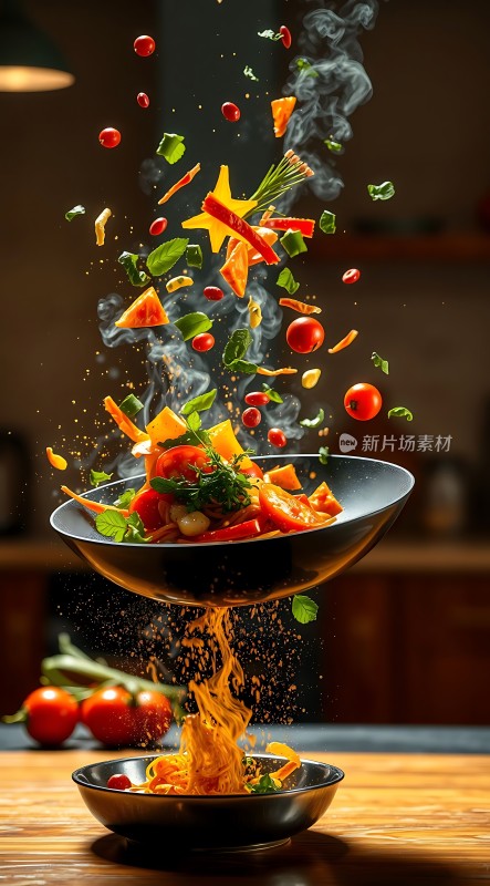 空中飞舞食材落入碗中